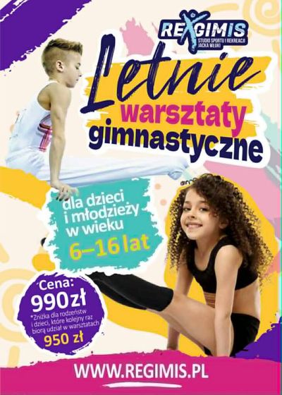 Plakat letnich warsztatów gimnastycznych — cena i wiek uczestników