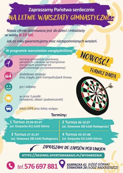 Plakat letnich warsztatów gimnastycznych — program i terminy turnusów